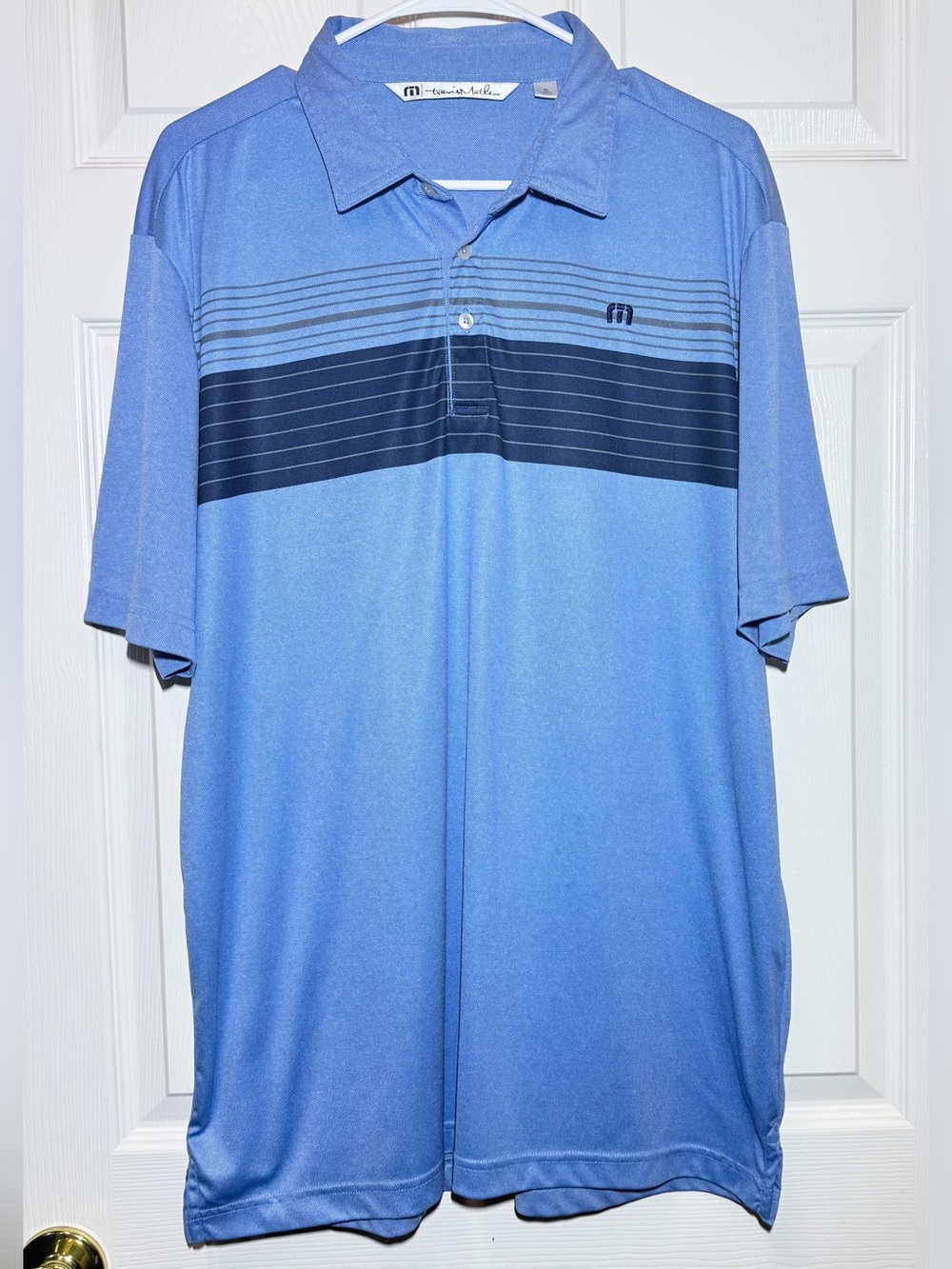 TravisMathew Men’s Coastal Chest Blue/Navy Striped Polo Shirt Logo XL